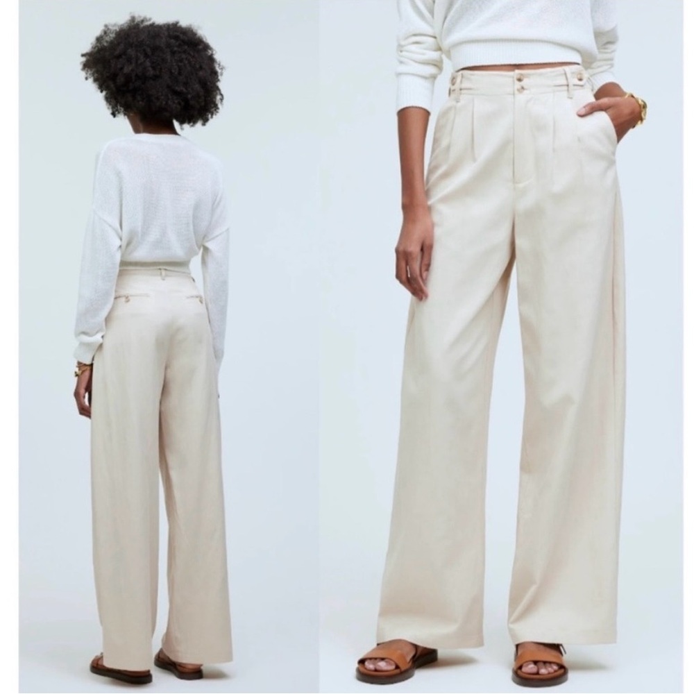 Madewell Women's The Harlow Wide-Leg Cream Beige Pants Pleated Size 12